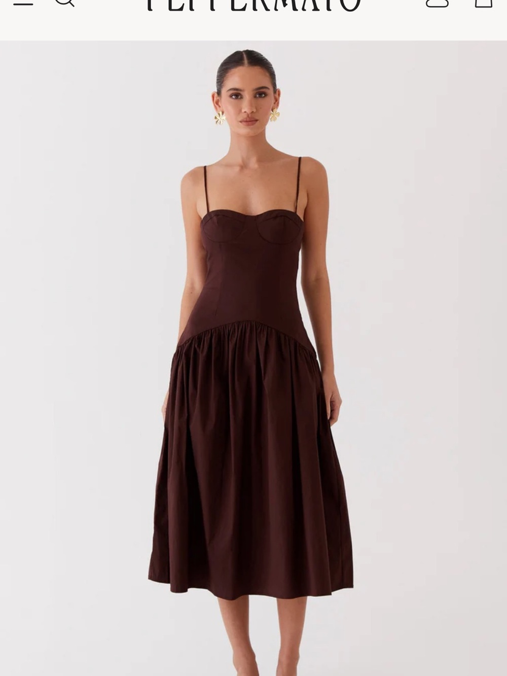 Peppermayo Chocolate Brown Midi Dress with Sweetheart Bodice
